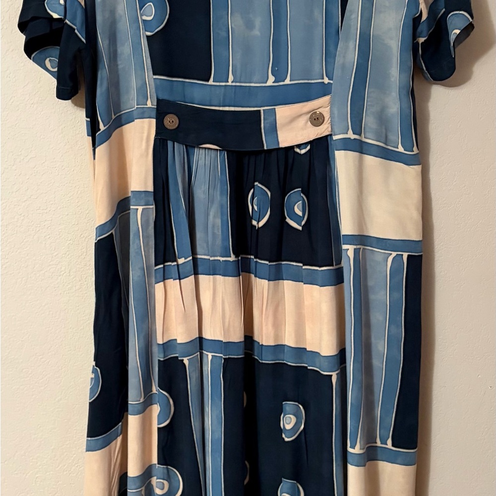 Authentic Bali Batik Geometric Abstract Maxi Dress | Cinch Back | Wood Buttons - Picture 13 of 16